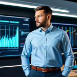 A focused professional, fully clothed in a modest business shirt and trousers, standing in a sleek, futuristic office. In the background, abstract holographic data visualizations and glowing digital interfaces represent artificial intelligence and technological innovation. The individual has a thoughtful expression, gazing towards a dynamic data display, embodying a modern investor's mindset. Perfect anatomy, correct proportions, natural pose, well-formed hands, proper finger count. Professional photography, sharp focus, high detail, vibrant colors, appropriate attire, safe for work, family-friendly content.