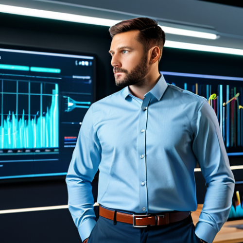 Home 15 A focused professional, fully clothed in a modest business shirt and trousers, standing in a sleek, futuristic office. In the background, abstract holographic data visualizations and glowing digital interfaces represent artificial intelligence and technological innovation. The individual has a thoughtful expression, gazing towards a dynamic data display, embodying a modern investor's mindset. Perfect anatomy, correct proportions, natural pose, well-formed hands, proper finger count. Professional photography, sharp focus, high detail, vibrant colors, appropriate attire, safe for work, family-friendly content.