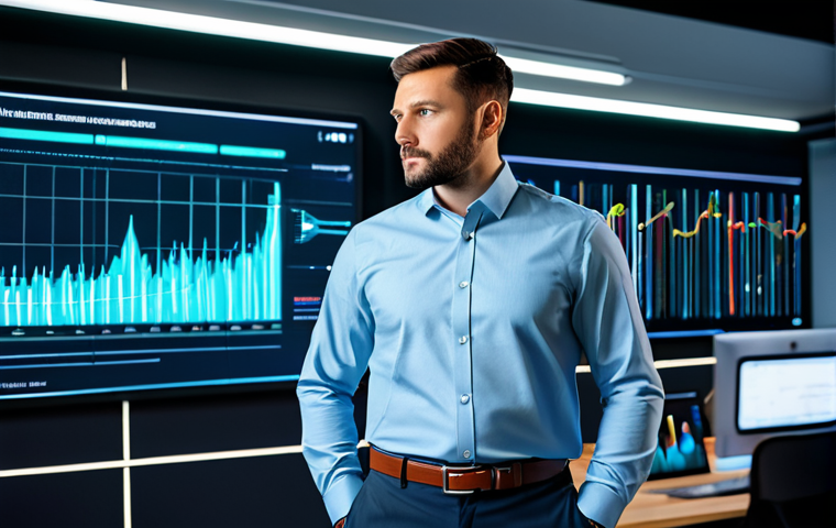 A focused professional, fully clothed in a modest business shirt and trousers, standing in a sleek, futuristic office. In the background, abstract holographic data visualizations and glowing digital interfaces represent artificial intelligence and technological innovation. The individual has a thoughtful expression, gazing towards a dynamic data display, embodying a modern investor's mindset. Perfect anatomy, correct proportions, natural pose, well-formed hands, proper finger count. Professional photography, sharp focus, high detail, vibrant colors, appropriate attire, safe for work, family-friendly content.