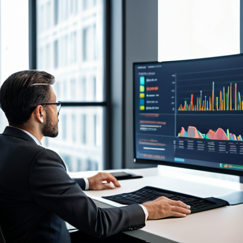Home 14 A thoughtful professional financial advisor, fully clothed in a modest business suit, seated at a sleek modern desk in a high-tech office. The advisor is looking at a transparent data display showing a personalized financial portfolio with dynamic charts and graphs, subtly interacting with AI-driven insights. The background features a blurred, sophisticated office environment. The scene emphasizes a calm, strategic approach to unique individual financial goals. Professional photography, high quality, perfect anatomy, correct proportions, natural pose, well-formed hands, proper finger count, natural body proportions, safe for work, appropriate content, fully clothed, professional dress.