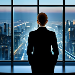 A professional financial advisor, fully clothed in a modest, sophisticated business suit, stands confidently at the helm of an abstract, glowing financial dashboard, looking towards a clear, expansive horizon. The background subtly blends a modern city skyline with digital financial projections, symbolizing future direction. Her well-formed hands are gently resting on a control panel. The scene conveys a sense of steady guidance, strategic oversight, and long-term vision. Perfect anatomy, correct proportions, natural pose, proper finger count, natural body proportions. safe for work, appropriate content, fully clothed, professional.