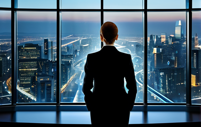 A professional financial advisor, fully clothed in a modest, sophisticated business suit, stands confidently at the helm of an abstract, glowing financial dashboard, looking towards a clear, expansive horizon. The background subtly blends a modern city skyline with digital financial projections, symbolizing future direction. Her well-formed hands are gently resting on a control panel. The scene conveys a sense of steady guidance, strategic oversight, and long-term vision. Perfect anatomy, correct proportions, natural pose, proper finger count, natural body proportions. safe for work, appropriate content, fully clothed, professional.