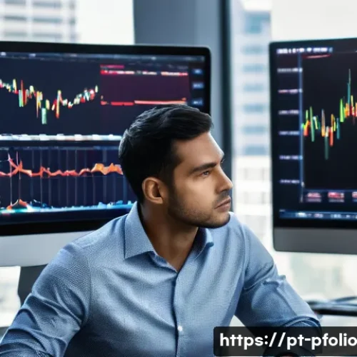 포트폴리오 관리의 심리적 요소 이해하기 - A professional investor sitting calmly at a modern office desk in S&atilde;o Paulo, Brazil, surrounded by m...