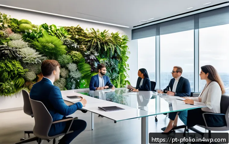 투자 포트폴리오의 지속 가능성 평가 - A modern office scene showing a diverse group of professionals in business attire collaborating arou...