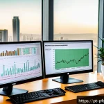 계속되는 저금리 시대의 포트폴리오 전략 - A professional Brazilian investor&rsquo;s modern home office with dual computer monitors displaying detail...