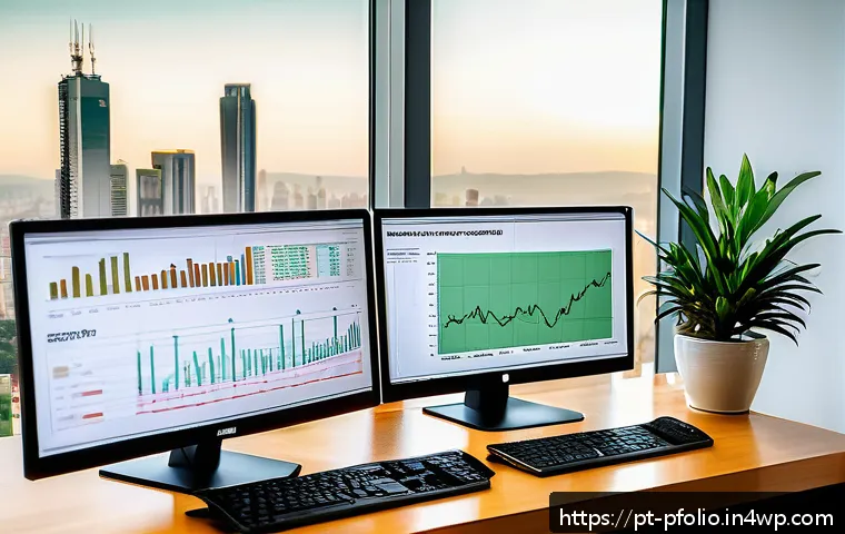 계속되는 저금리 시대의 포트폴리오 전략 - A professional Brazilian investor’s modern home office with dual computer monitors displaying detail...