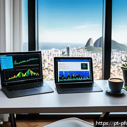 포트폴리오 다각화의 실제 사례 연구 - A modern Brazilian investor&rsquo;s workspace showcasing a diverse portfolio on multiple screens, includin...