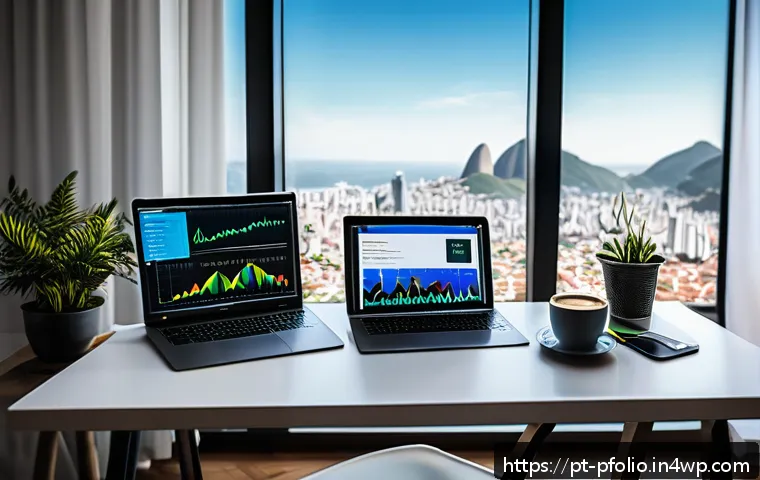 포트폴리오 다각화의 실제 사례 연구 - A modern Brazilian investor’s workspace showcasing a diverse portfolio on multiple screens, includin...